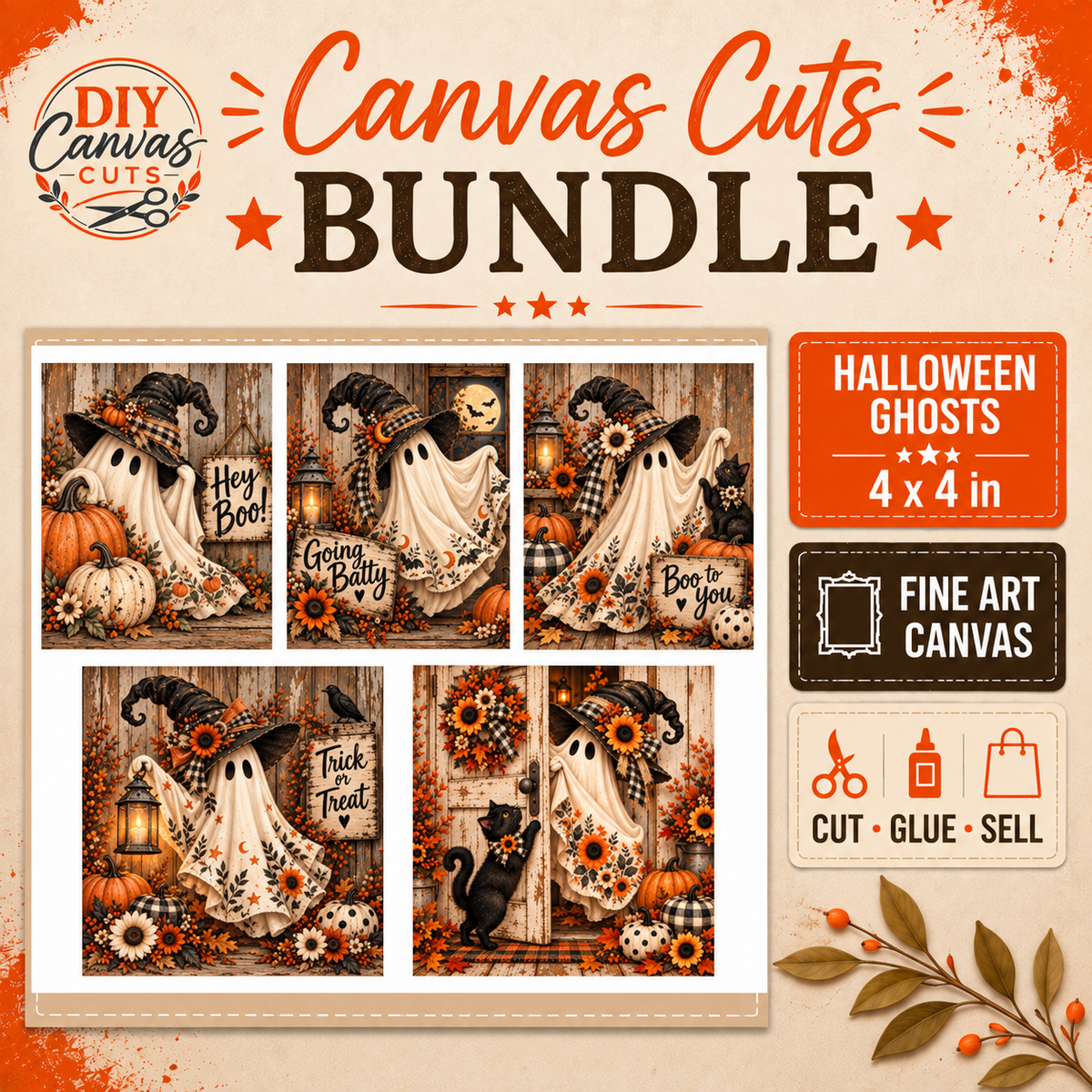 Halloween Floral Ghosts – Set of Five 4″ × 4″ DIY Canvas Prints