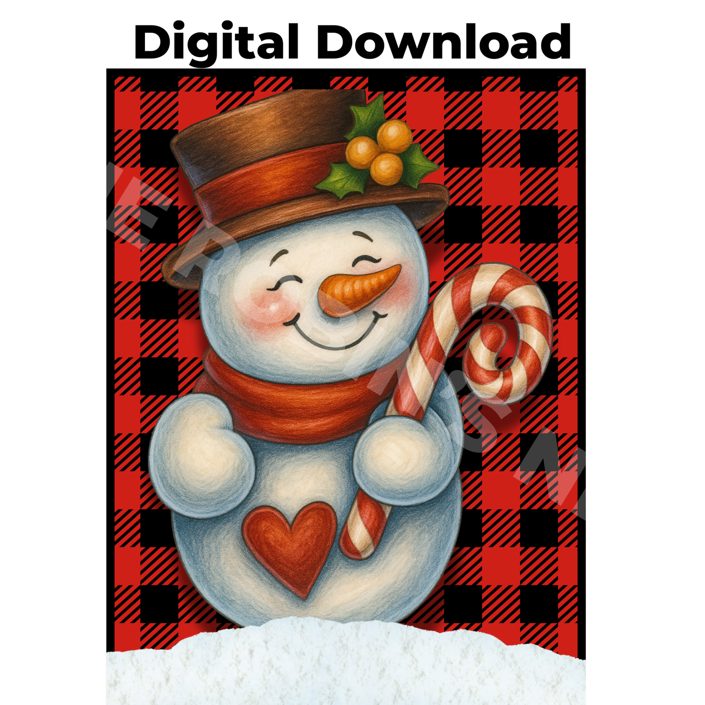 Snowman with Candy Cane + Buffalo Plaid Background Printable Download