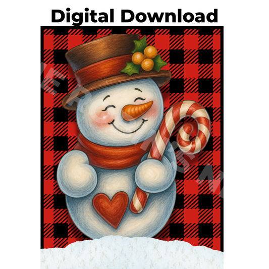 Snowman with Candy Cane + Buffalo Plaid Background Printable Download