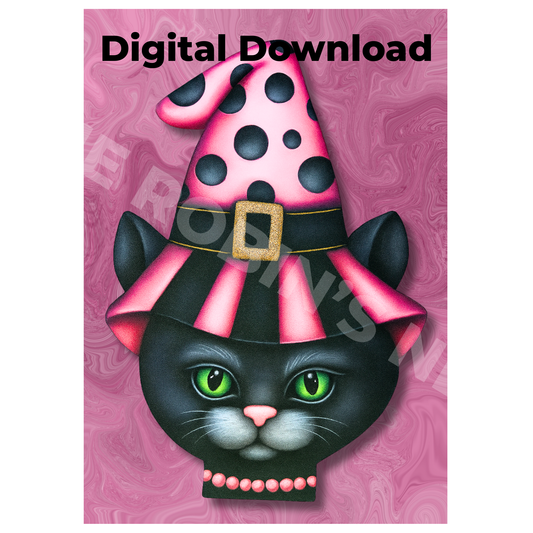Black Cat with Pink Witch Hat Printable PDF/PNG Download