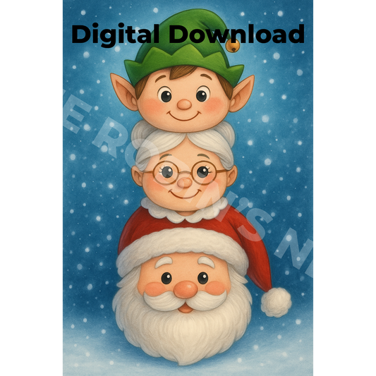 Stacked Heads Elf Mrs Claus Santa Printable PDF/PNG Download