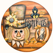 Load image into Gallery viewer, Scarecrow Farmers Market Door Hanger 18&quot; Pumpkin, Sunflower &amp; Crow Wood Sign
