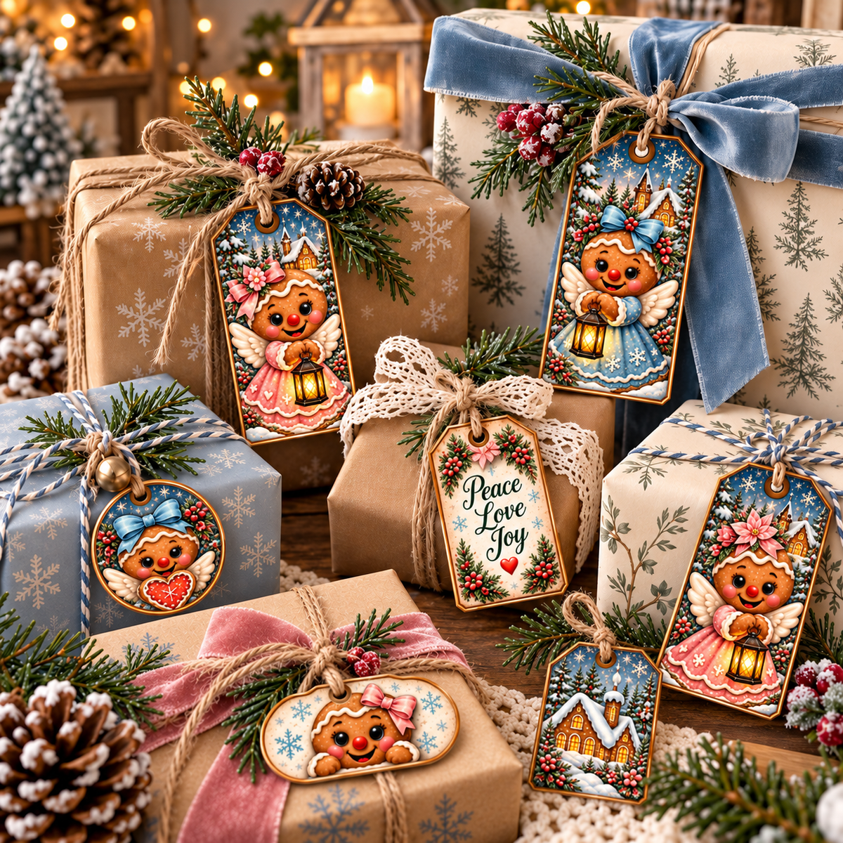 Gingerbread Winter Angel Christmas Tags & Ephemera Set