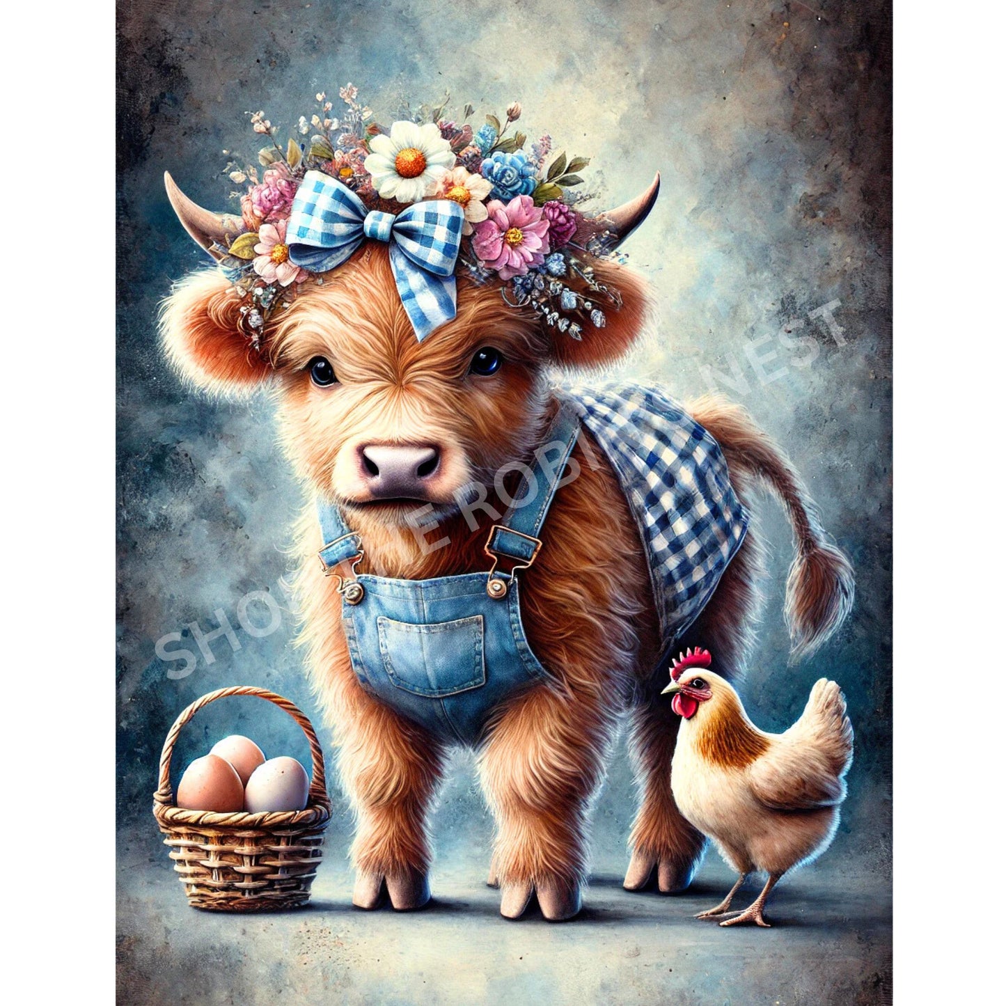 Lady Highland Cow Farmer with Chicken Fabric Canvas