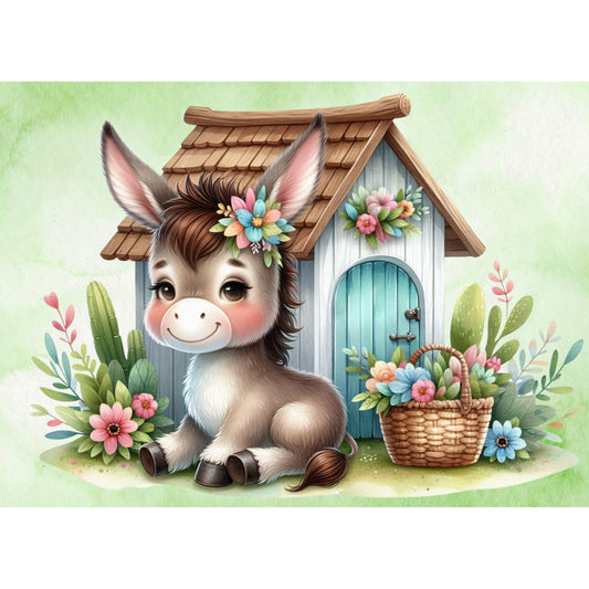 Donkey in front of Sage House Fabric Canvas
