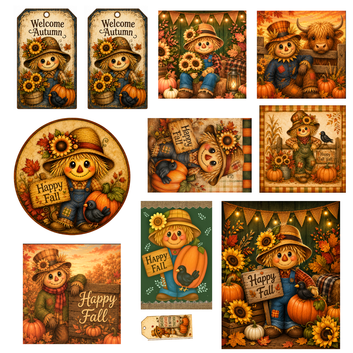 Fall Scarecrow Canvas Bundle | 11 Coordinating DIY Canvas Cuts | Primitive Autumn Pumpkin Designs
