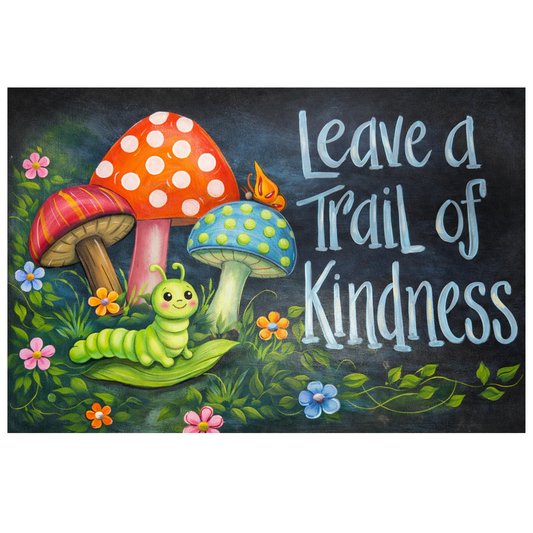 Whimsical Mushroom & Caterpillar Canvas Print – Leave a Trail of Kindness Garden Decor