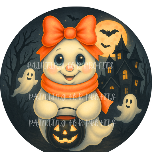 Boo-tiful Bow Ghost Sign on Circle – Printed Fine Art Canvas for DIY Crafting, Halloween Décor & Craft Shows