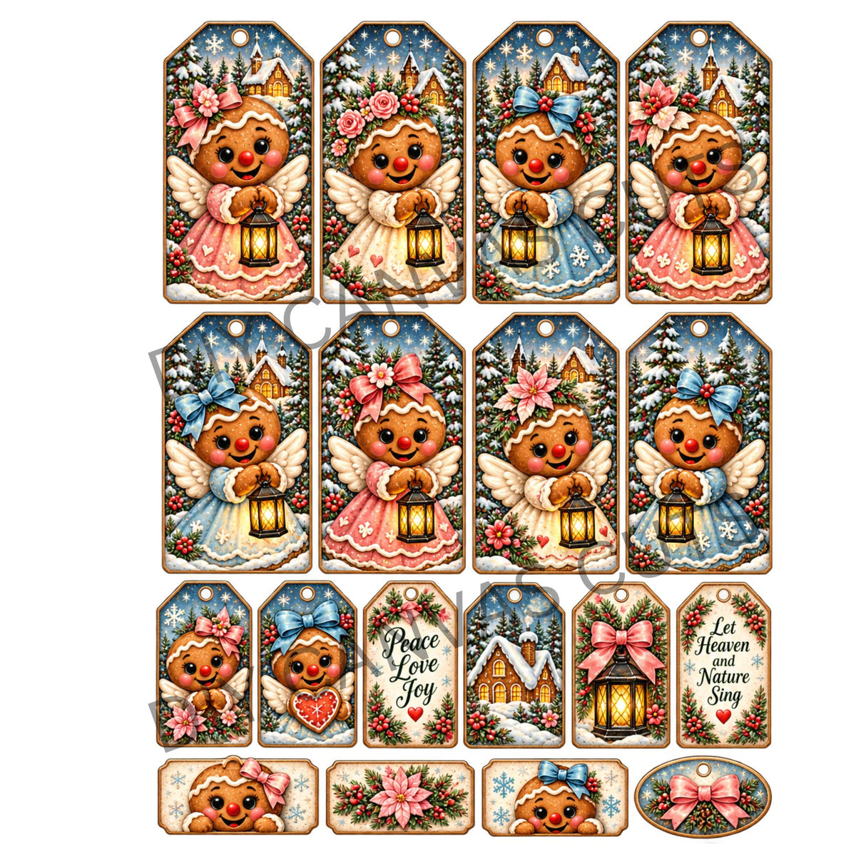 Gingerbread Winter Angel Christmas Tags & Ephemera Set