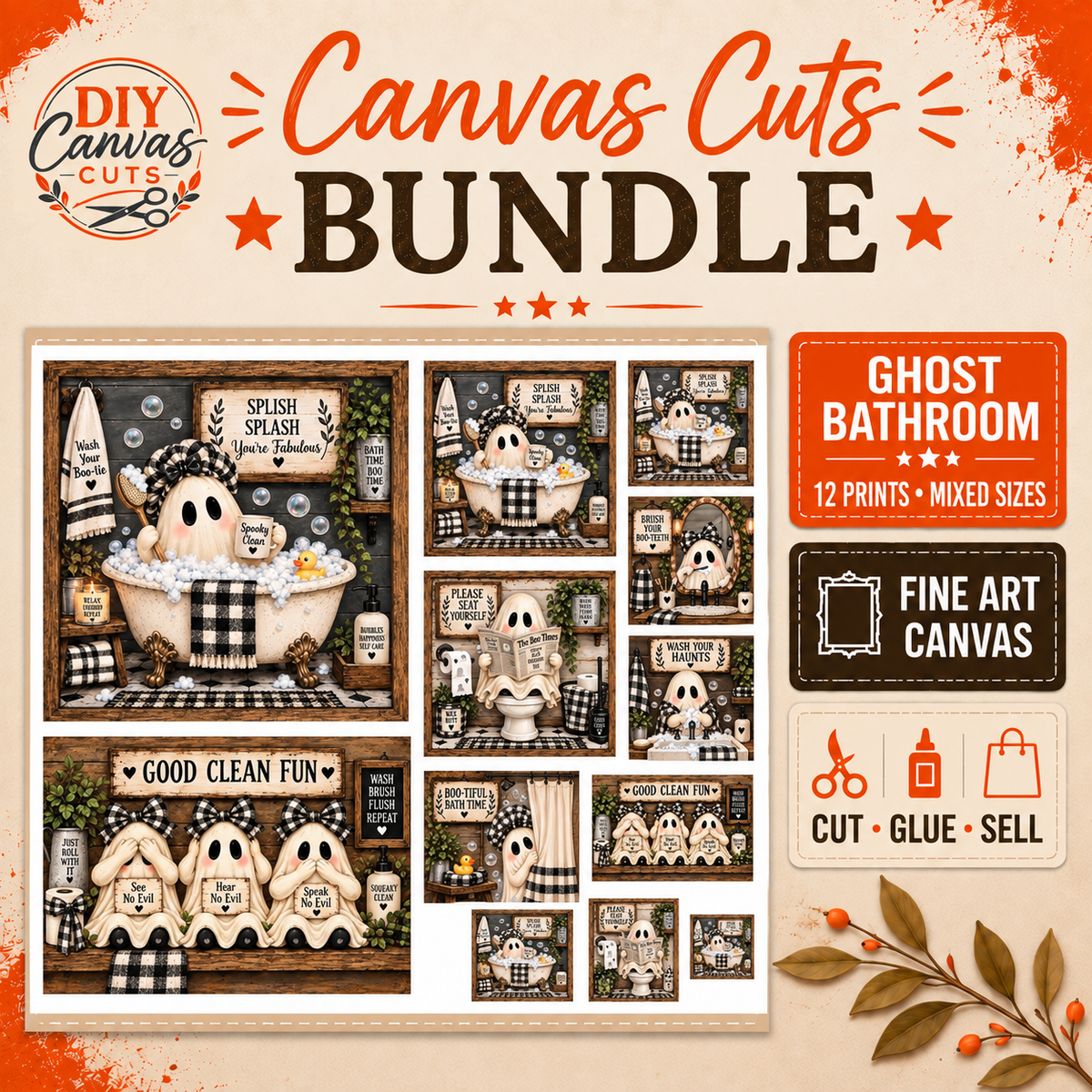 Halloween Ghost Bathroom DIY Canvas Bundle – 12 Prints in Mixed Sizes