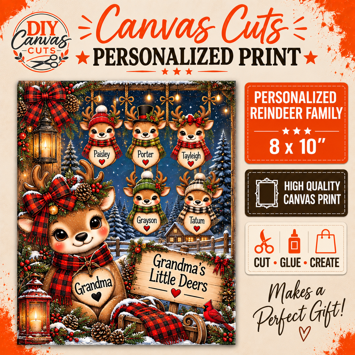 Personalized Christmas Reindeer Family Grandma Mom Canvas – 8x10"