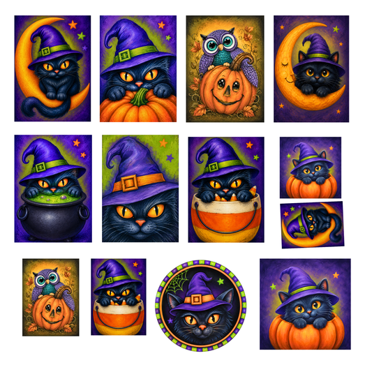 Black Cat Witch Halloween DIY Canvas Bundle - 12 Pieces
