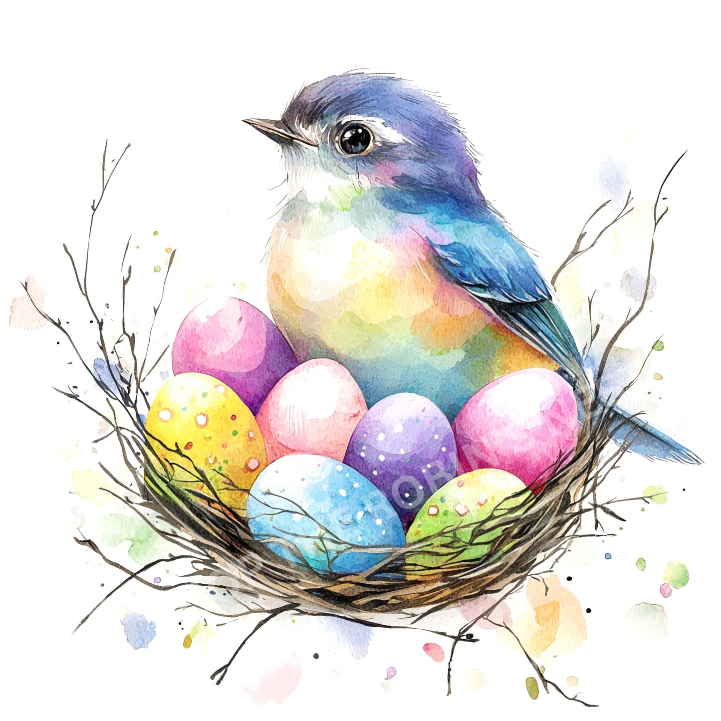 Spring Bird with Colored Eggs in Nest Fabric Canvas