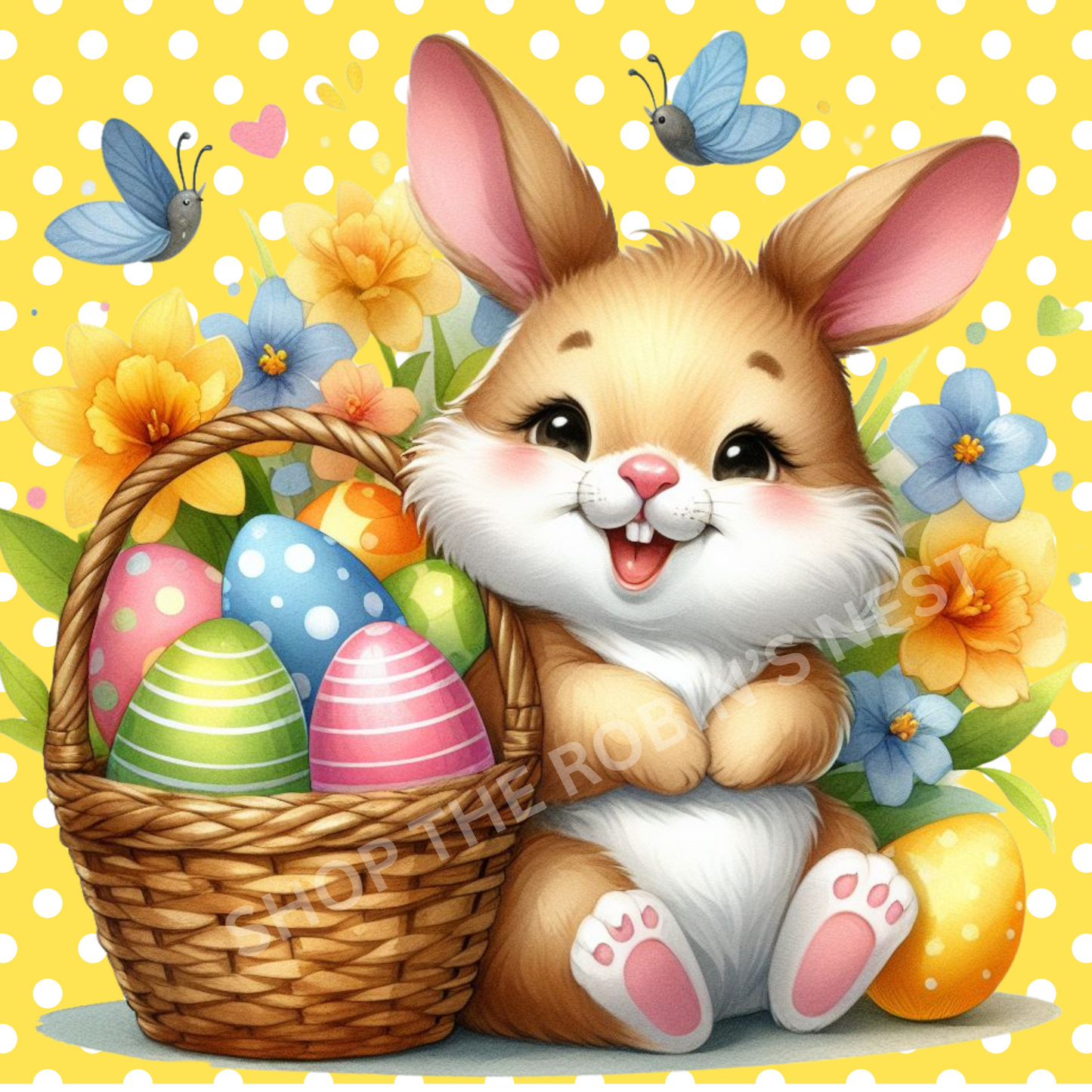 Cheery Easter Rabbit Yellow Polka Dots Fabric Canvas