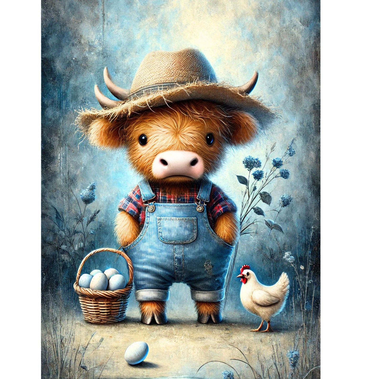 Highland Cow Farmer with Chicken Fabric Canvas
