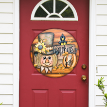 Load image into Gallery viewer, Scarecrow Farmers Market Door Hanger 18&quot; Pumpkin, Sunflower &amp; Crow Wood Sign
